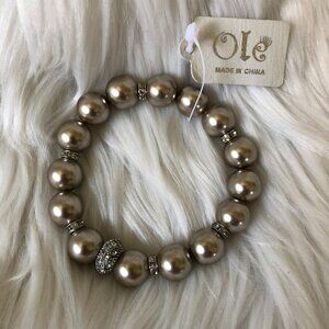 ole champagne round pearl beaded crystal stretch bracelet